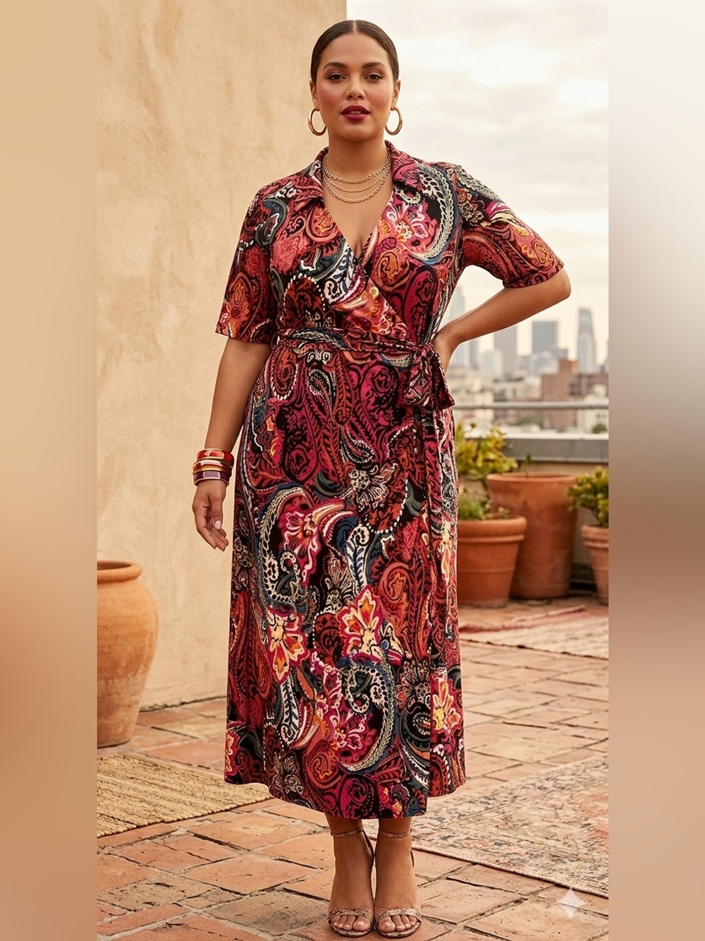 Multicolor Paisley Wrap Dress - Vibrant Pink & Orange